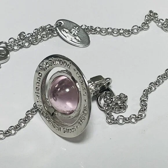 New Silver Saturn Vivienne Pink Westwood Glass chain Orb Choker Necklace Charm - Picture 4 of 5